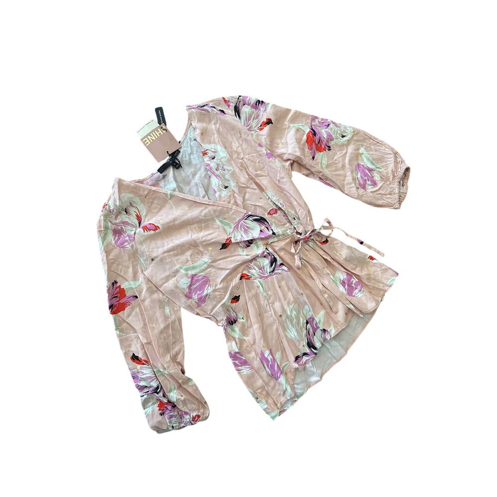 Harve Benard shine M pink floral blouse women top wrap sexy comfort office work